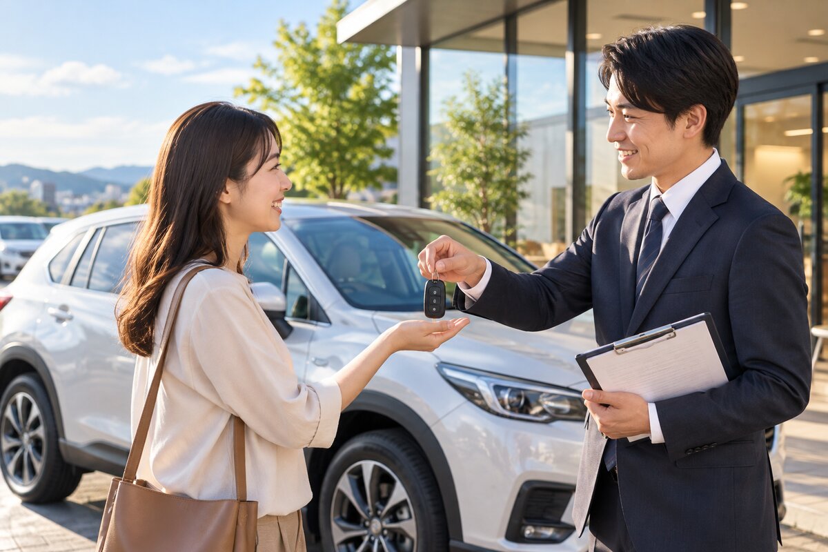 お車のキーをお渡しする成約シーン — 代車無料・残債手続きすべて無料